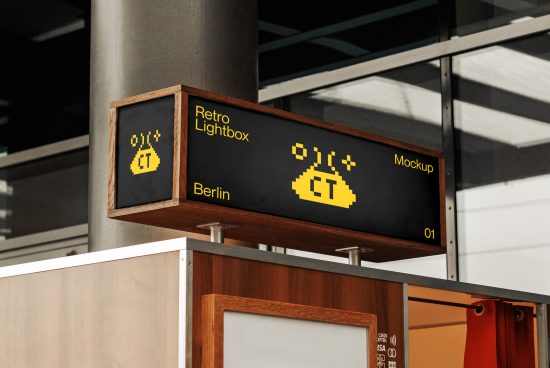 Retro digital lightbox mockup displayed in a station setting with pixel art design, ideal for presentations, urban mockups category.